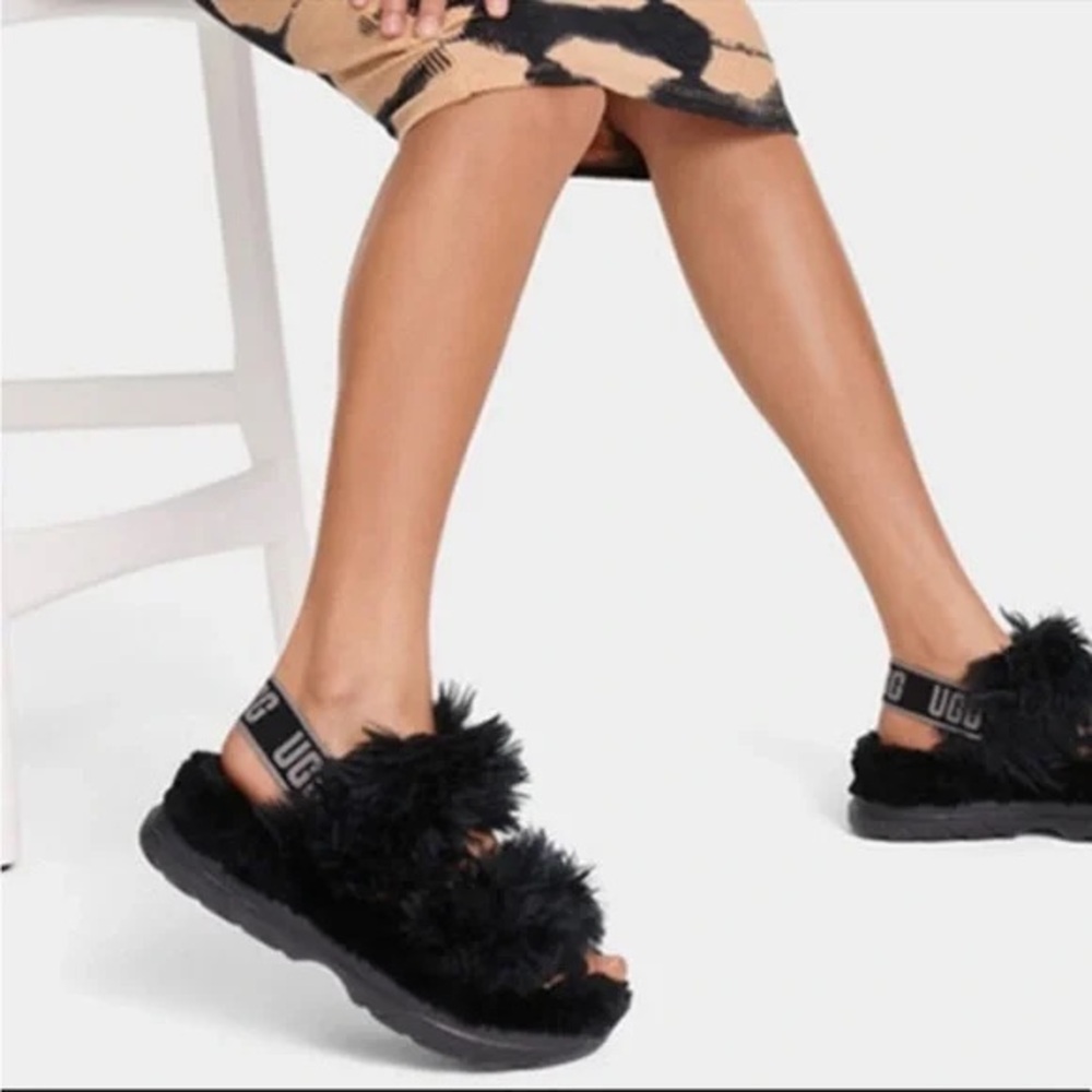 Ugg Fluff Sugar black furry double strap sandal slippers
